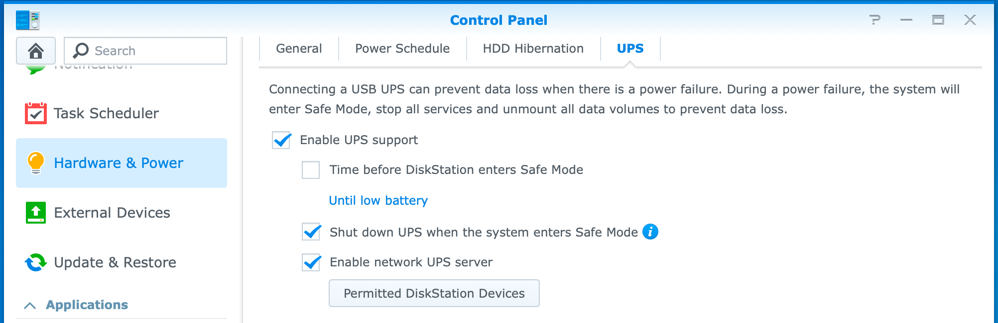 synology, control panel, hardware & power, ups