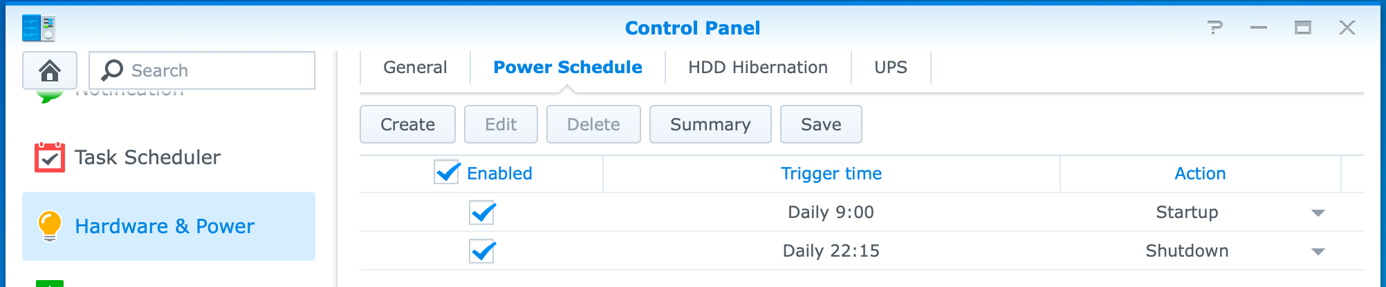 synology, control panel, hardware & power, power schedule