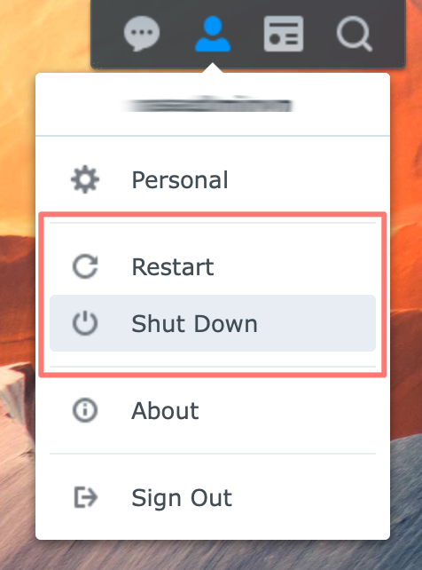 synology, personal menu, shutdown, dsm7, how to switch off a synology nas