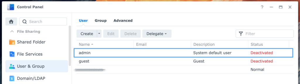 synology, admin, disable, deactivate