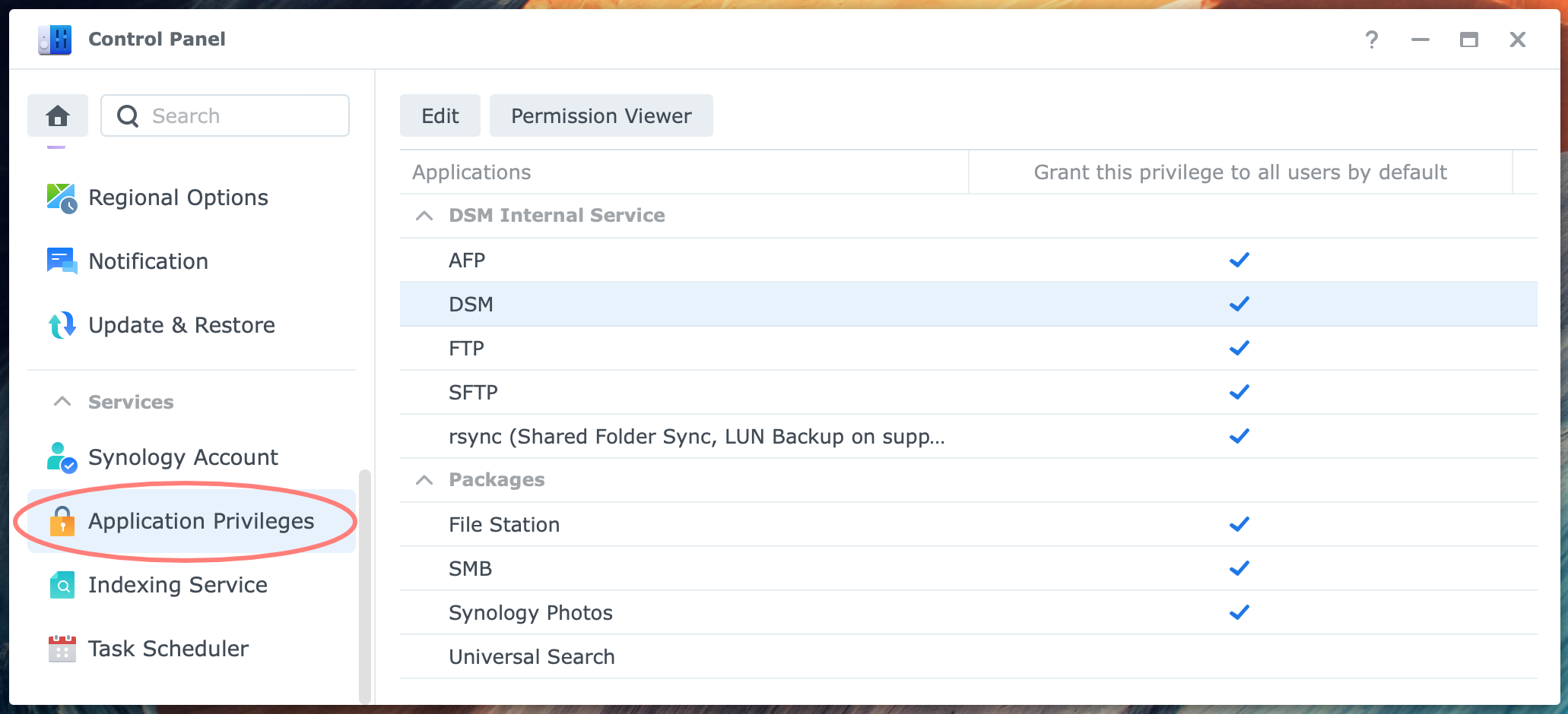 synology, control panel, application privileges, dsm7
