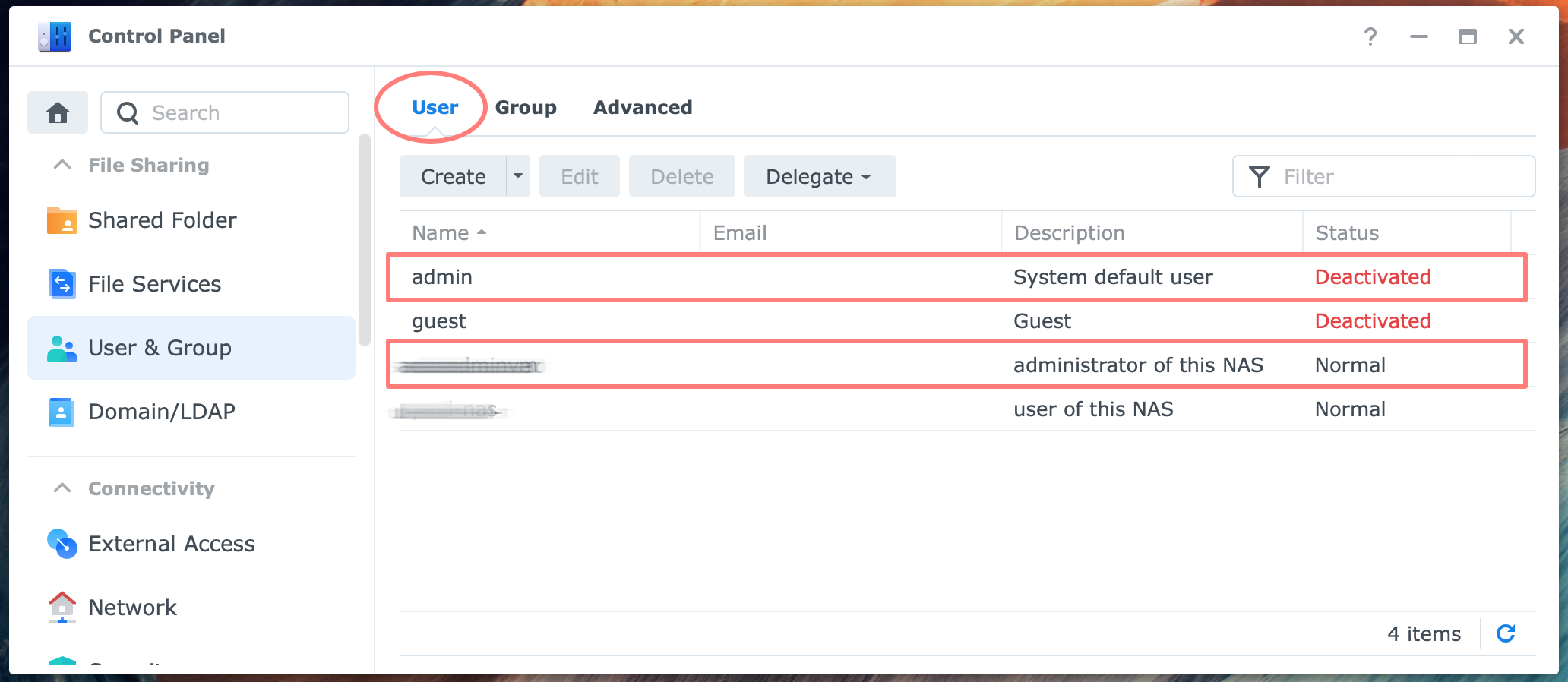 synology, control panel, user, admin, dsm7