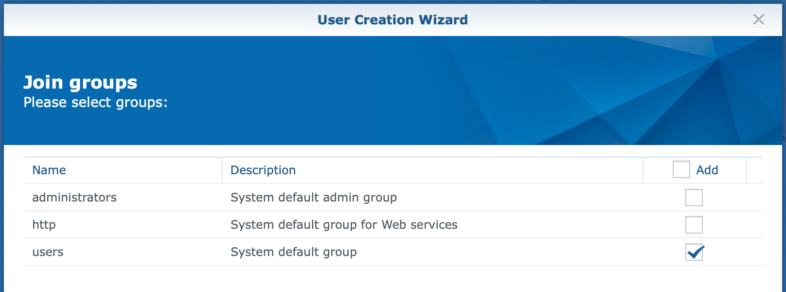 synology, user create wizard, join groups, dsm6
