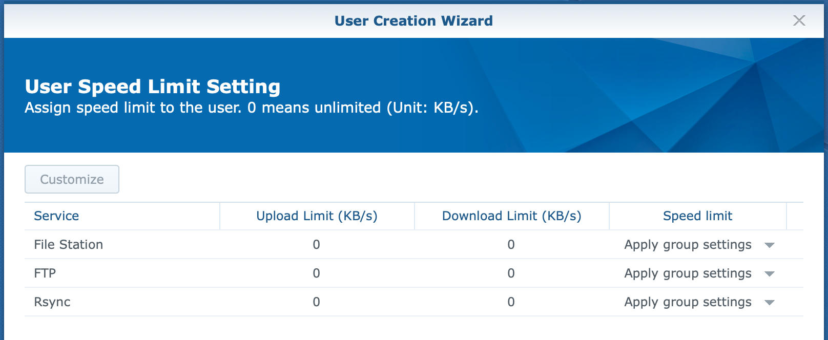 synology, user create wizard, speed limit, dsm6