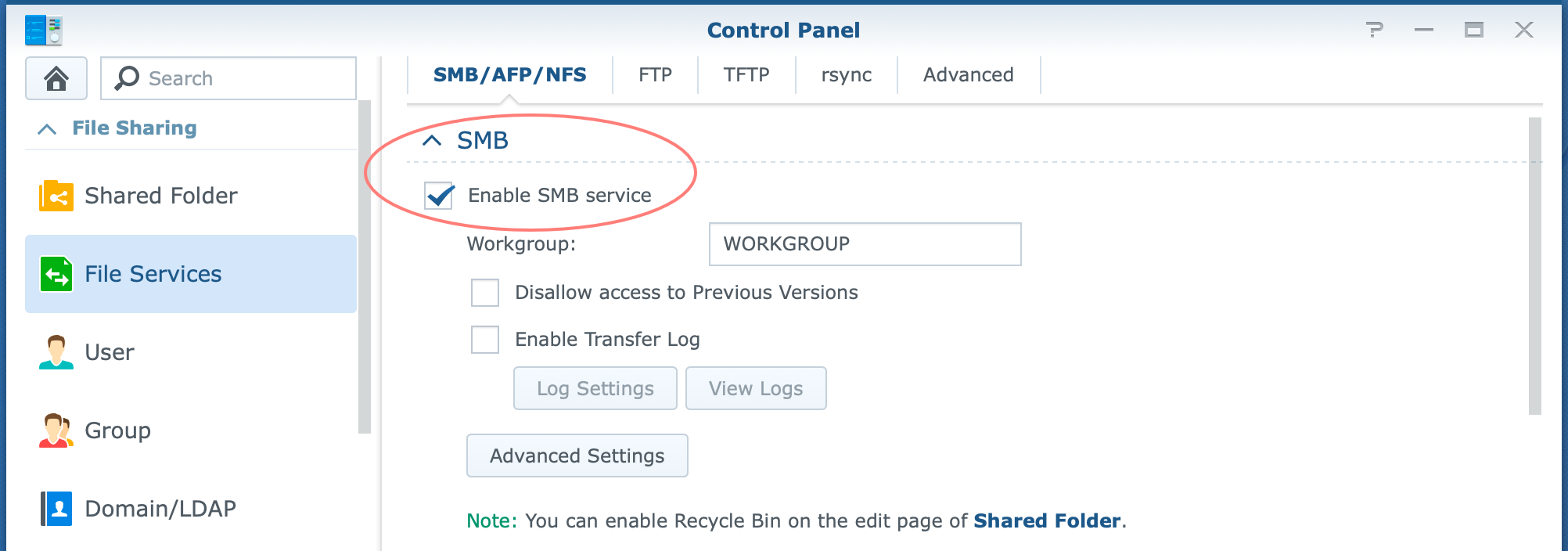 synology, control panel, file services, smb