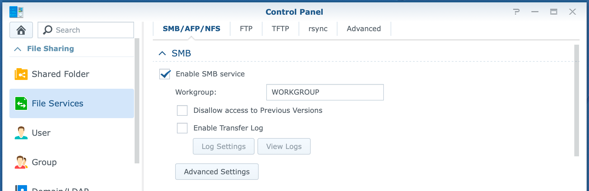 synology, control panel, file services, smb, dsm6