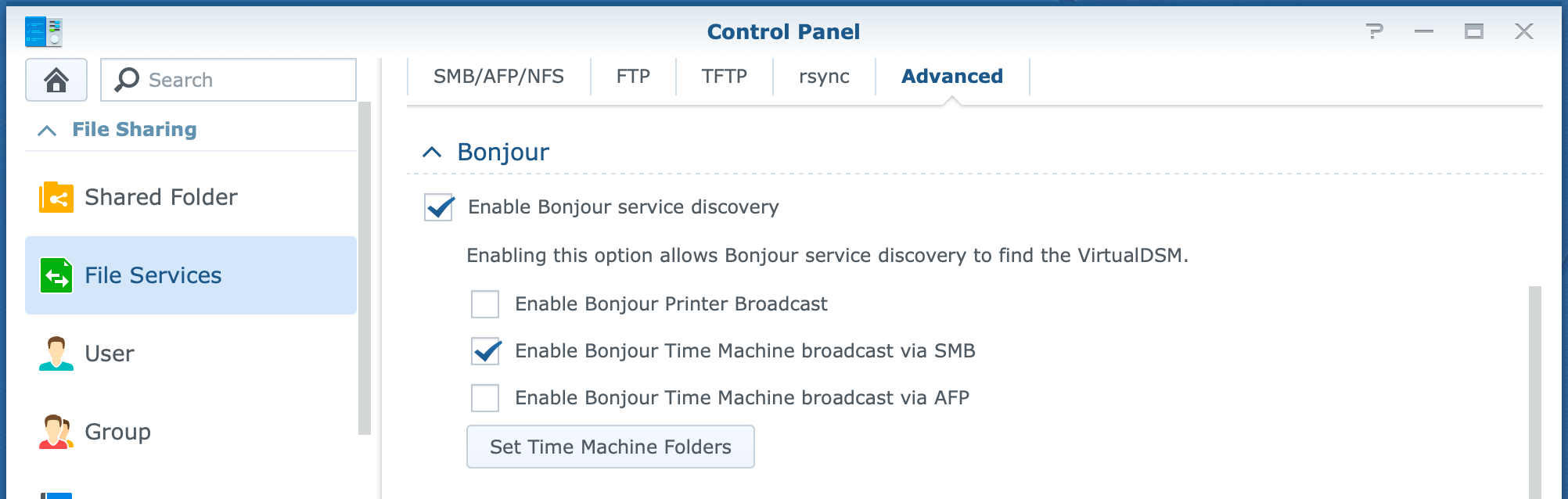synology, control panel, file services, smb, bonjour, dsm6