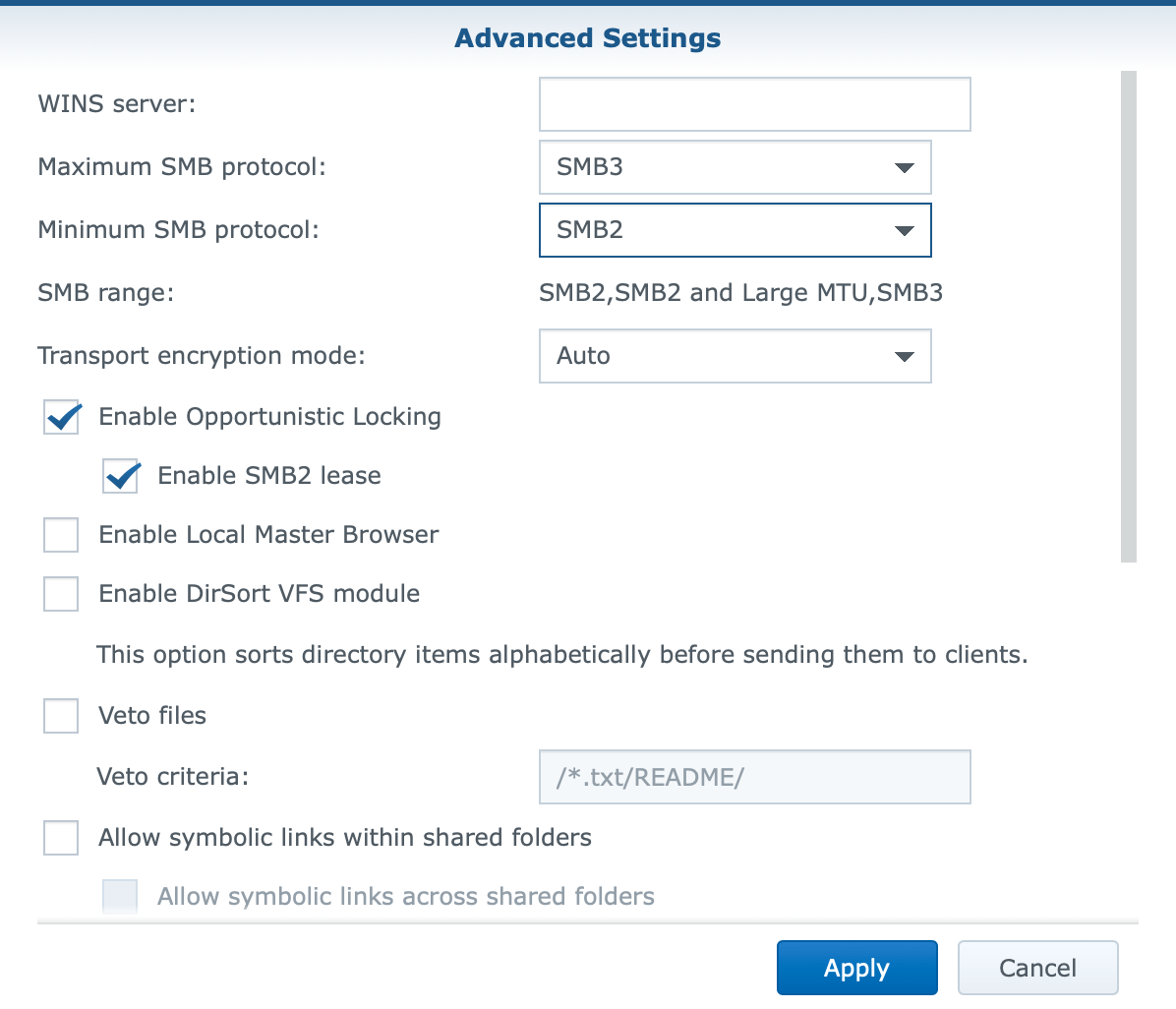 synology, control panel, file services, smb, advanced settings, dsm6