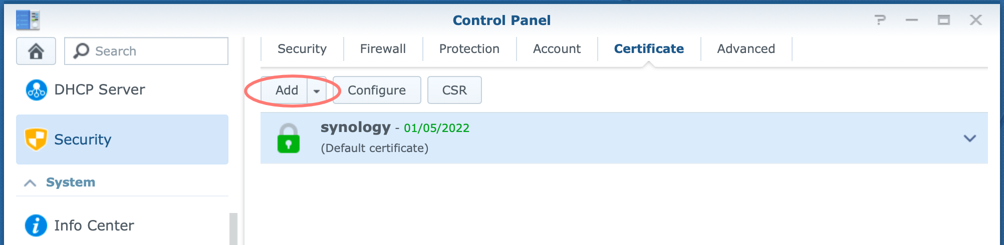 synology, control panel, certificate, add