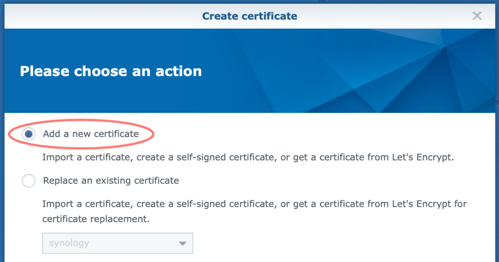 synology, control panel, certificate, add