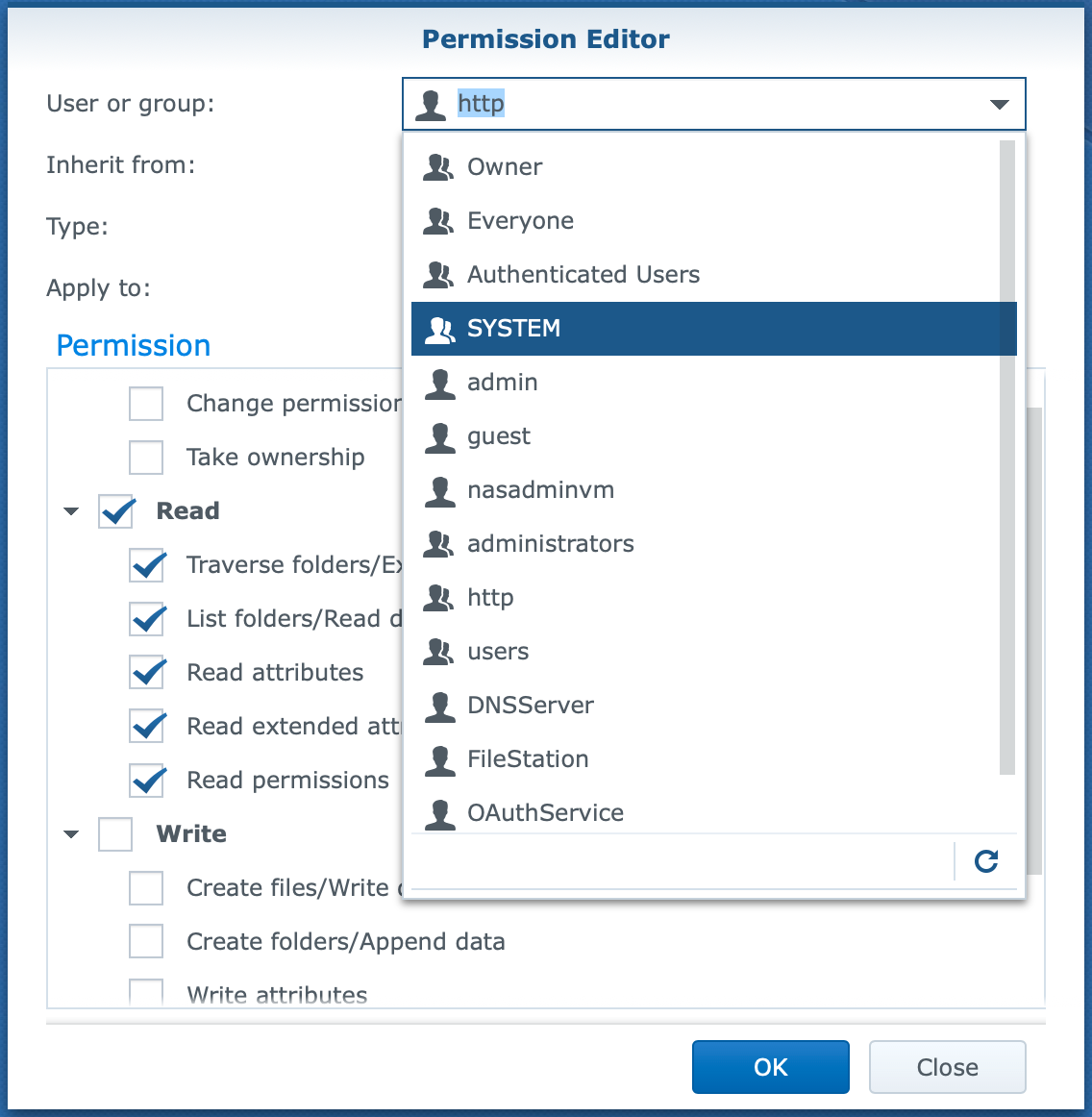 synology, file station, permission editor