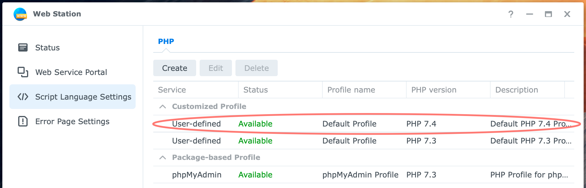 synology, web station, script language settings, dsm7