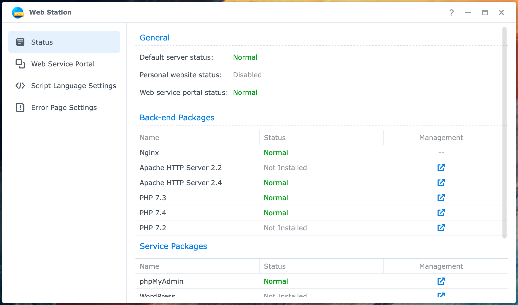 synology, web station, status, dsm7