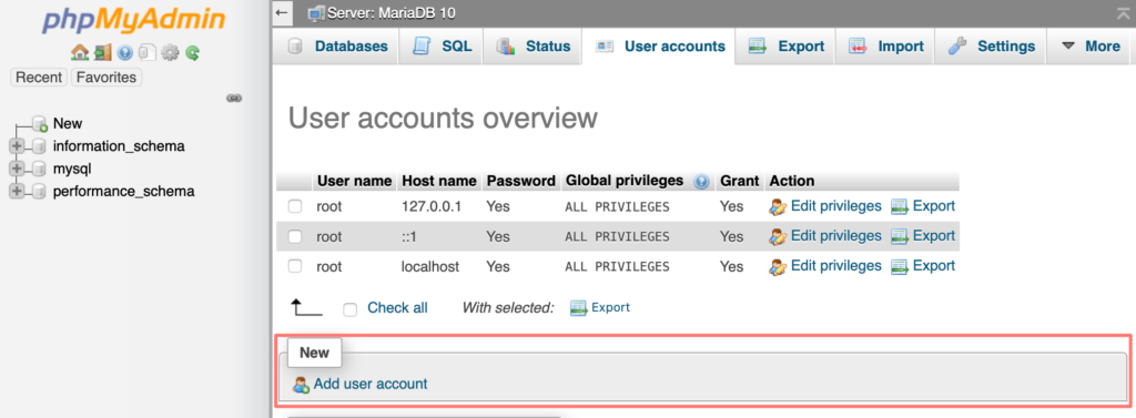 synology, phpmyadmin, add user