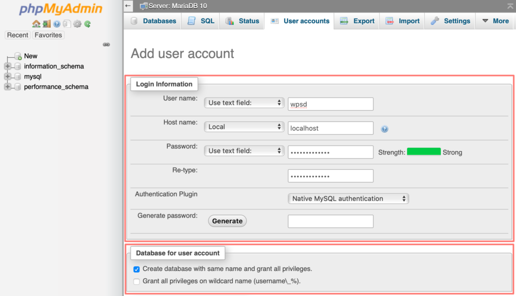 synology, phpmyadmin, add user