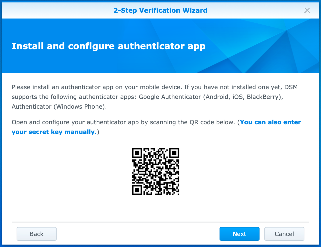 synology, enable 2-step verification wizard, qr code