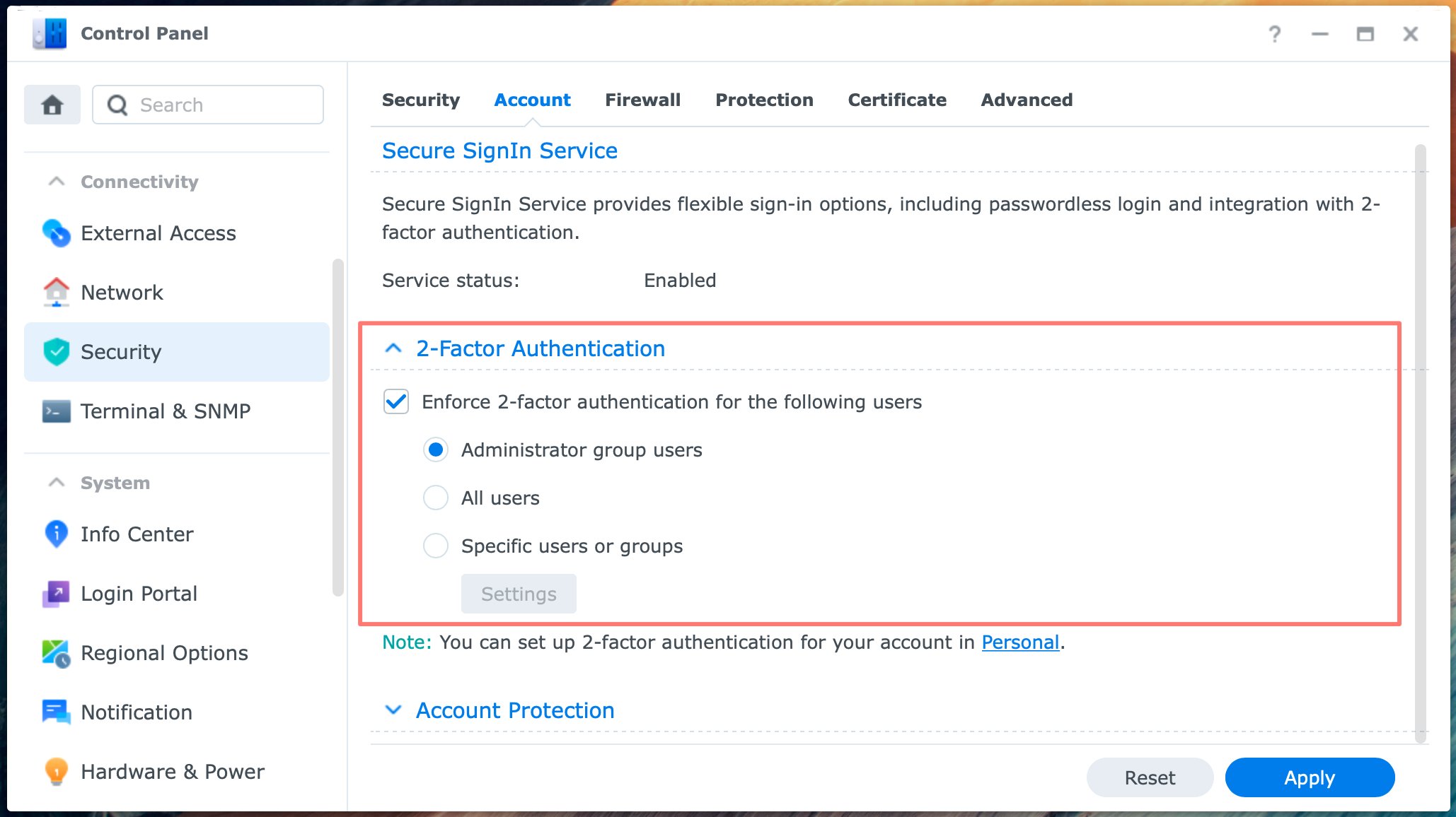 synology, control panel, security, account, 2-factor authentication, dsm7