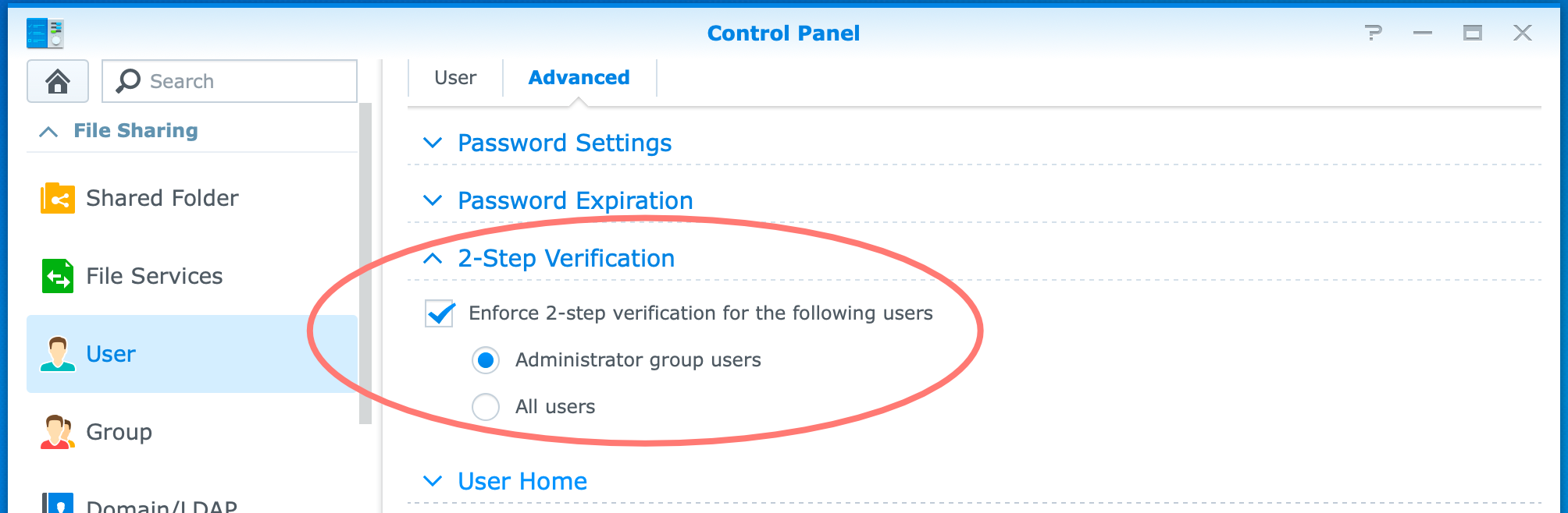 synology, control panel, user, advanced, 2-step verification