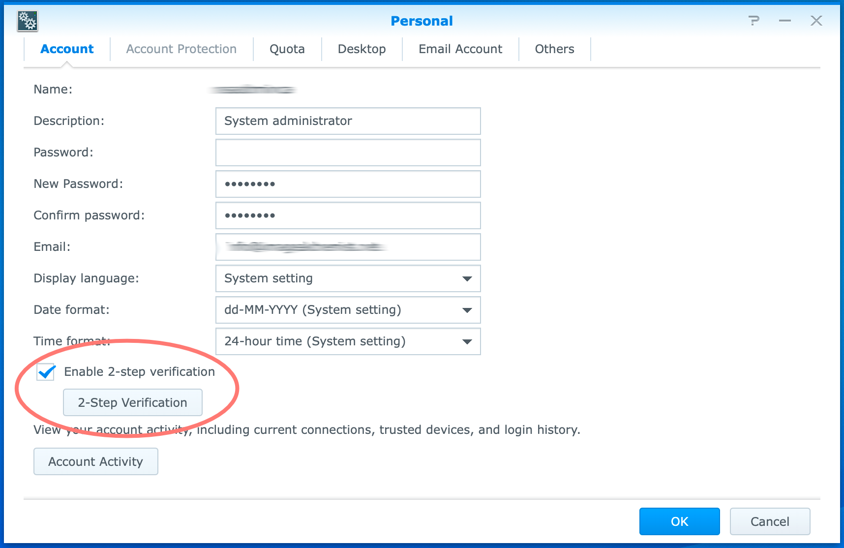 synology, user menu, personal, account tab, dsm6, how to enable 2-factor authentication