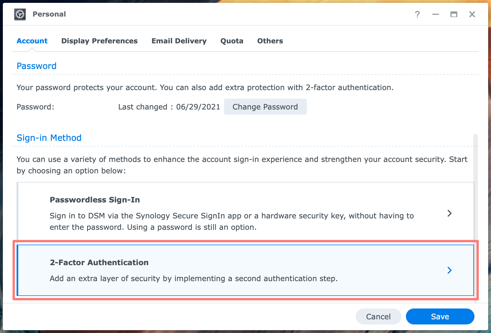 synology, user menu, personal, account tab, dsm7, how to enable 2-factor authentication