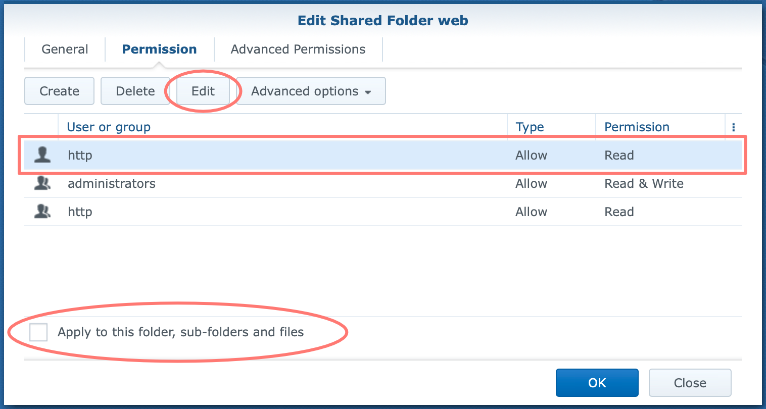 synology, file station, shared folder, permissions