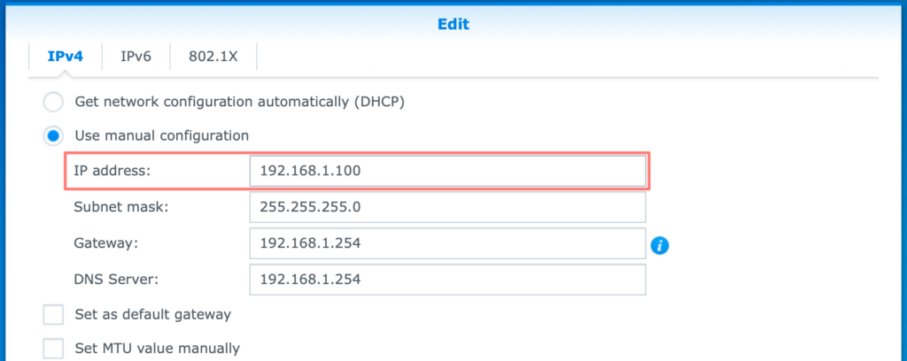 synology, control panel, network, lan, manual configuration, how to configure a fixed ip address