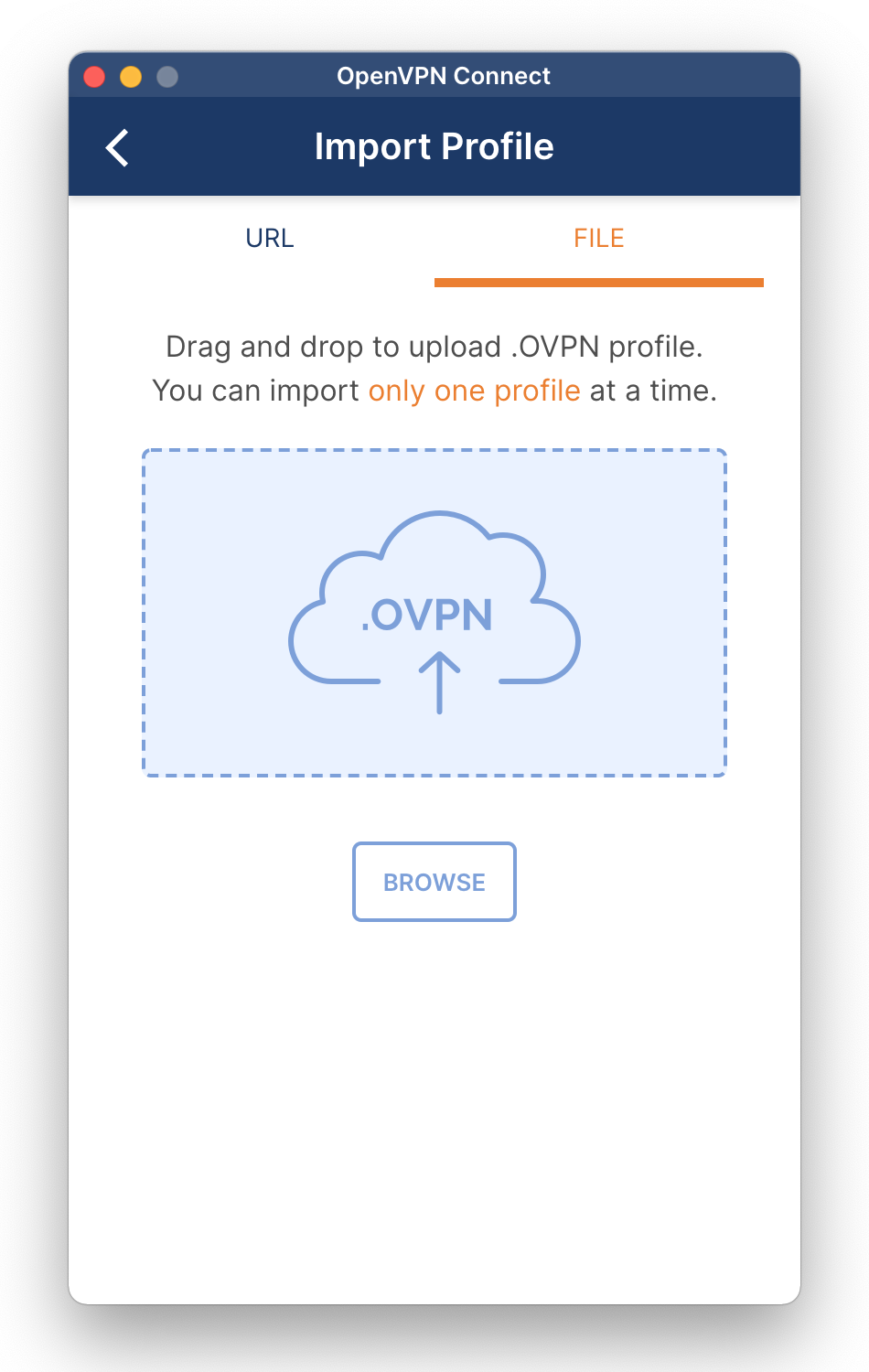 OpenVPN connect, import profile, macOS
