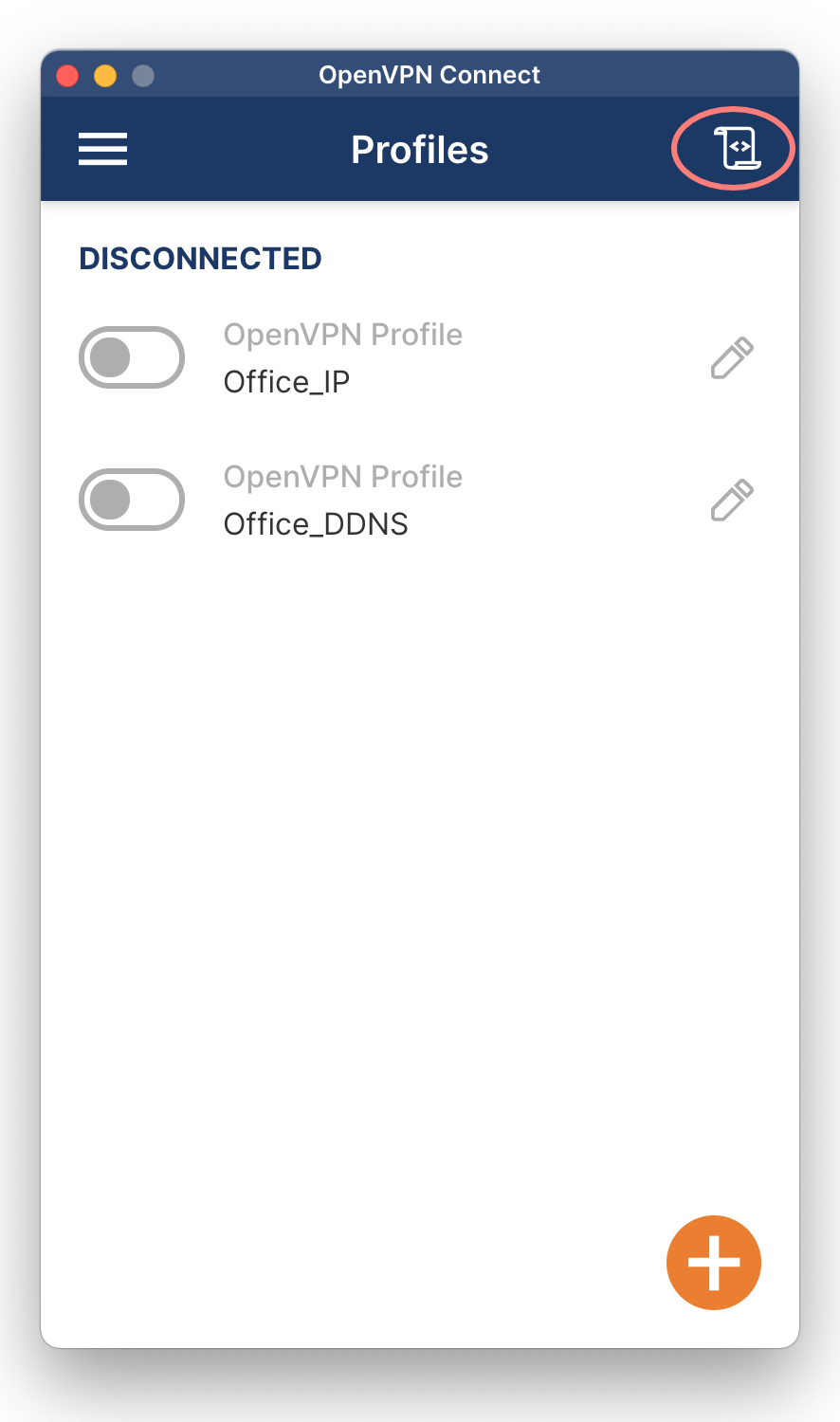OpenVPN connect, profiles overview, macOS