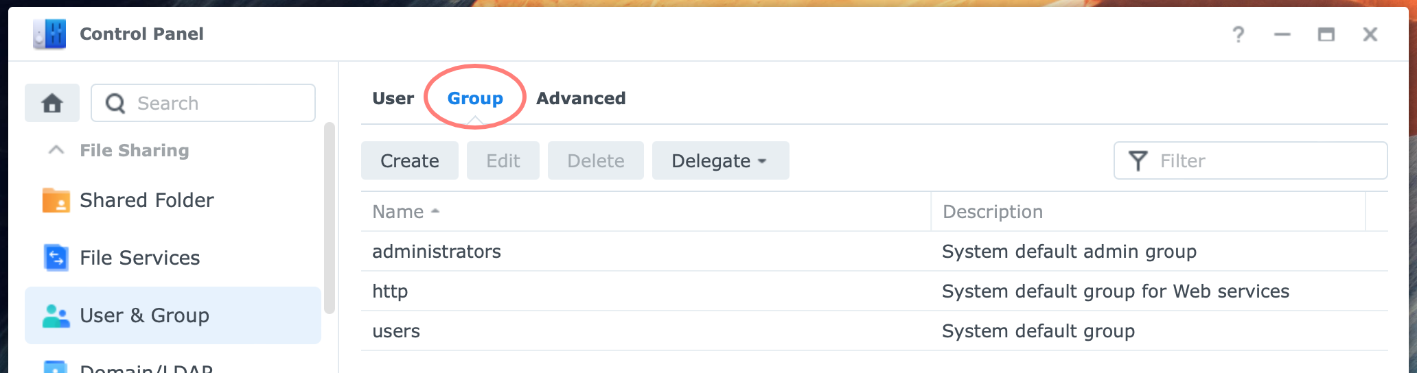 synology, control panel, group, dsm7