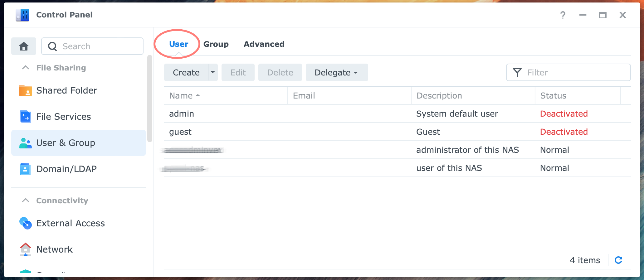 synology, control panel, user, dsm7