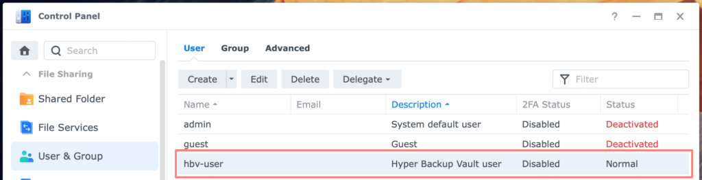 create a service account, dsm7