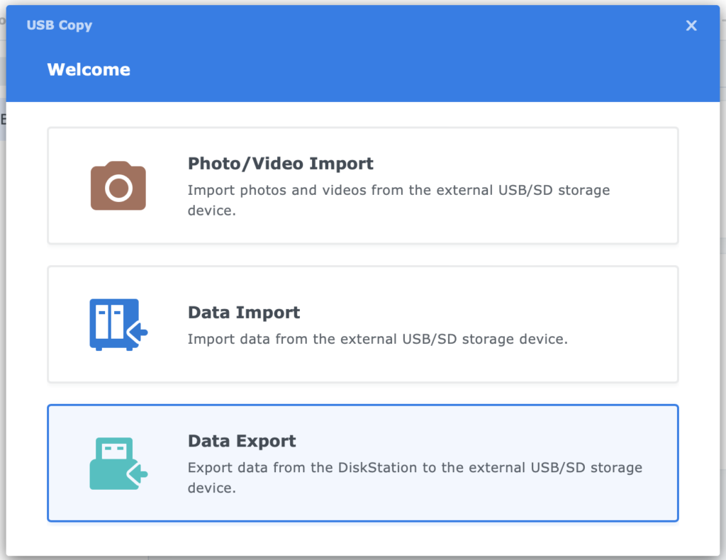 synology, usb copy, welcome, data export , dsm7