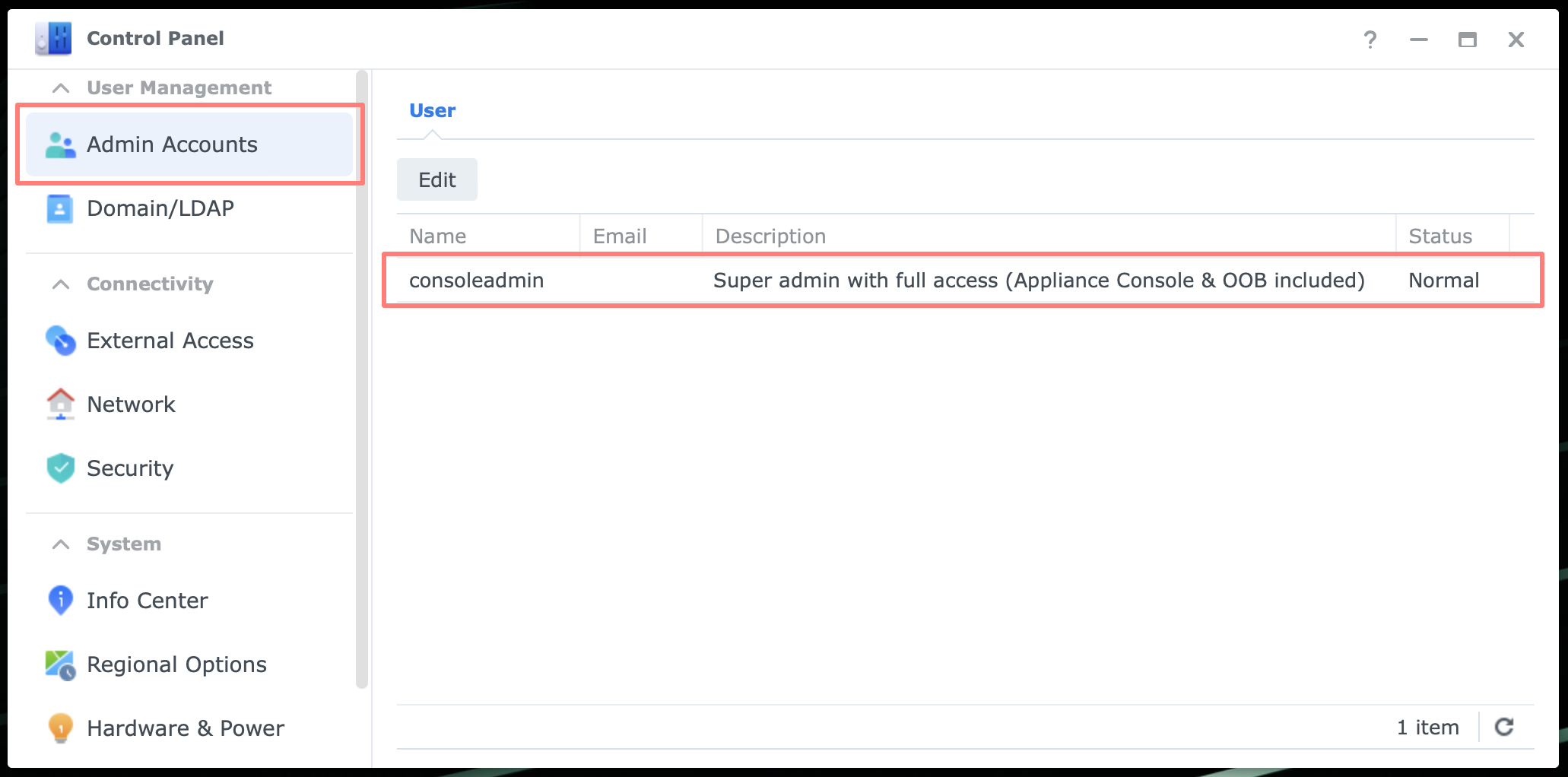 appliance console, control panel, admin account, activeprotect manager, apm