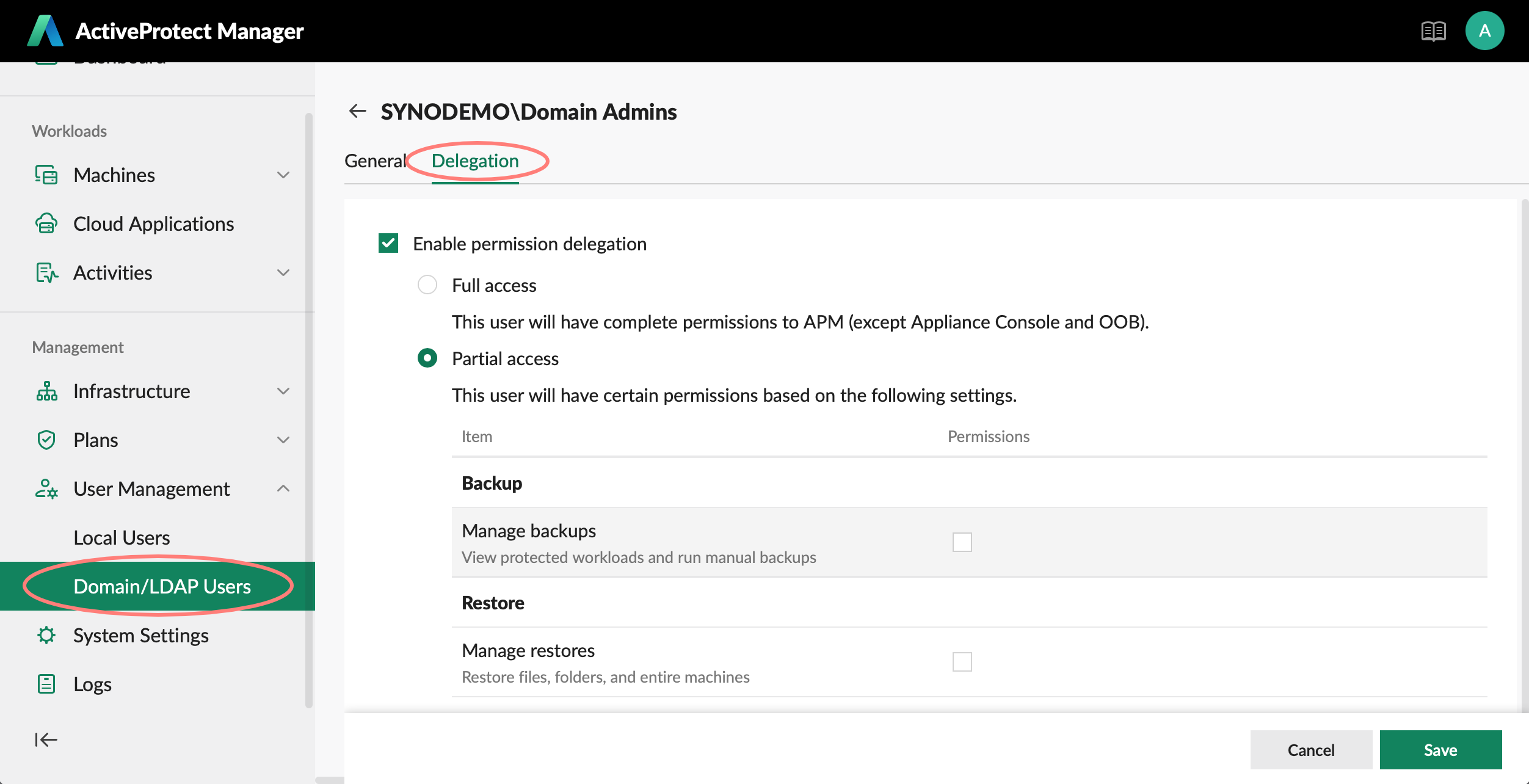 management center, user management, domain/ldap user, delegation, activeprotect manager, apm