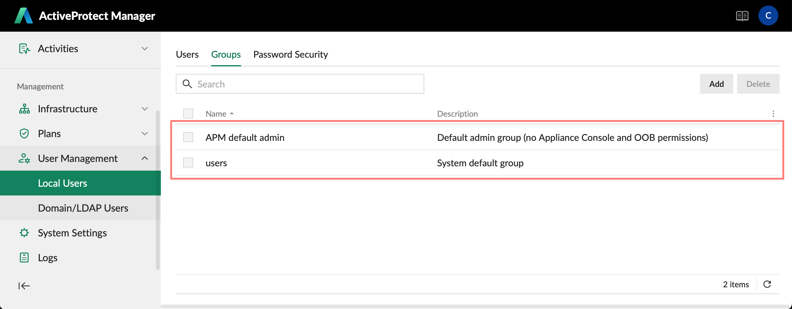 management center, user management, default groups, activeprotect manager, apm