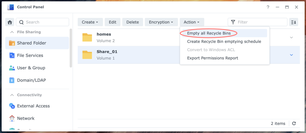 synology, control panel, shared folder, dsm7, synology recycle bin