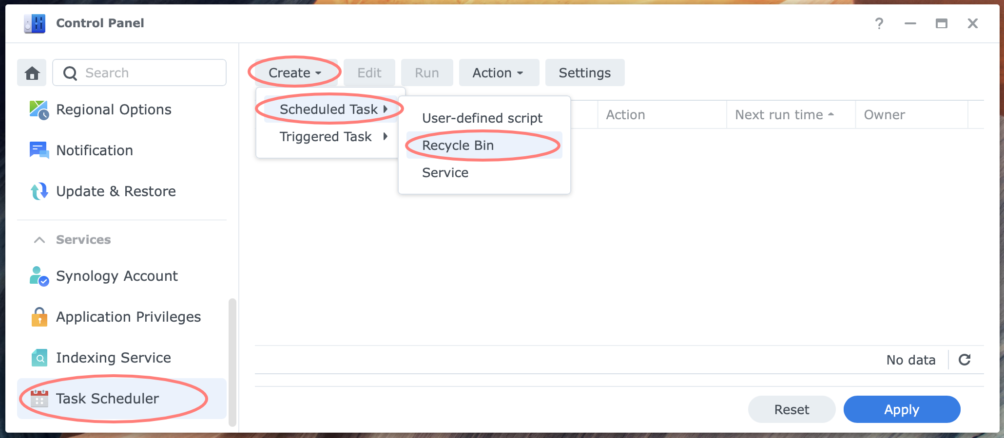 synology, control panel, task scheduler, create, recycle bin, dsm7