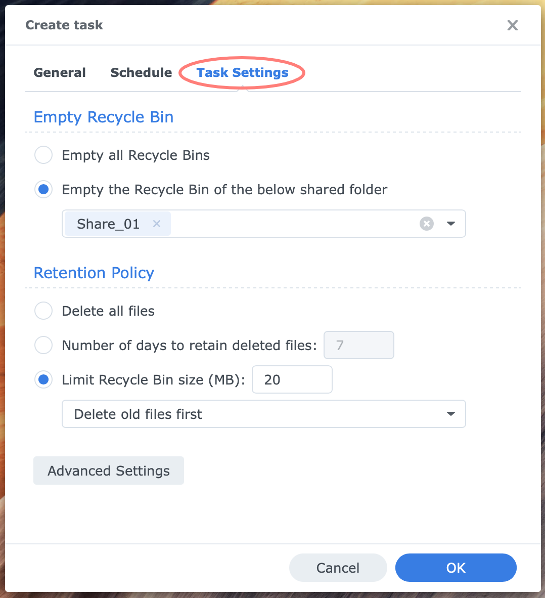 synology, control panel, task scheduler, recycle bin, dsm7