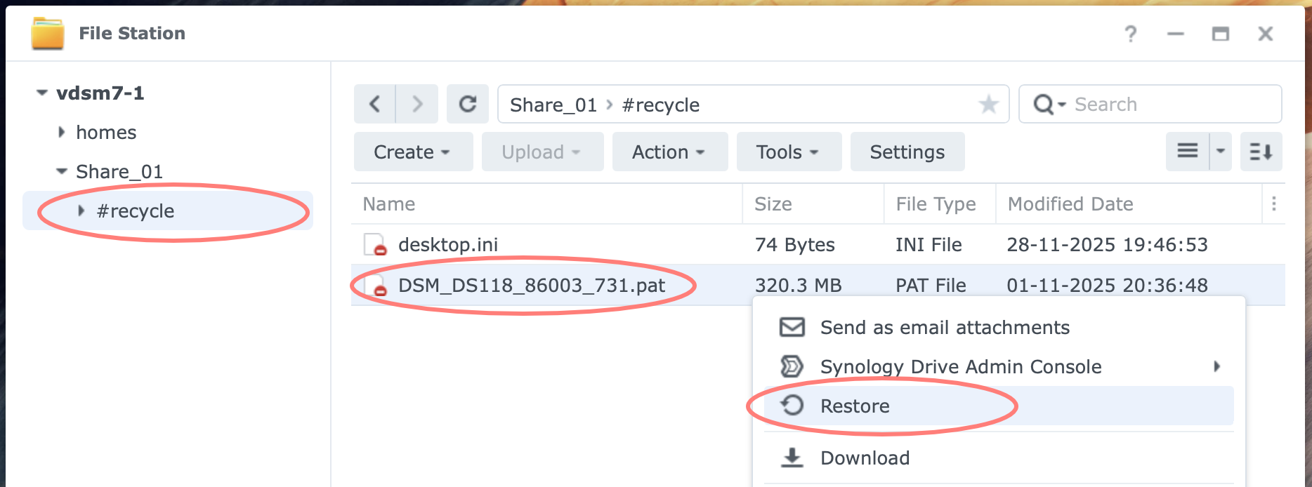 synology, file station, restore, recycle bin, dsm7