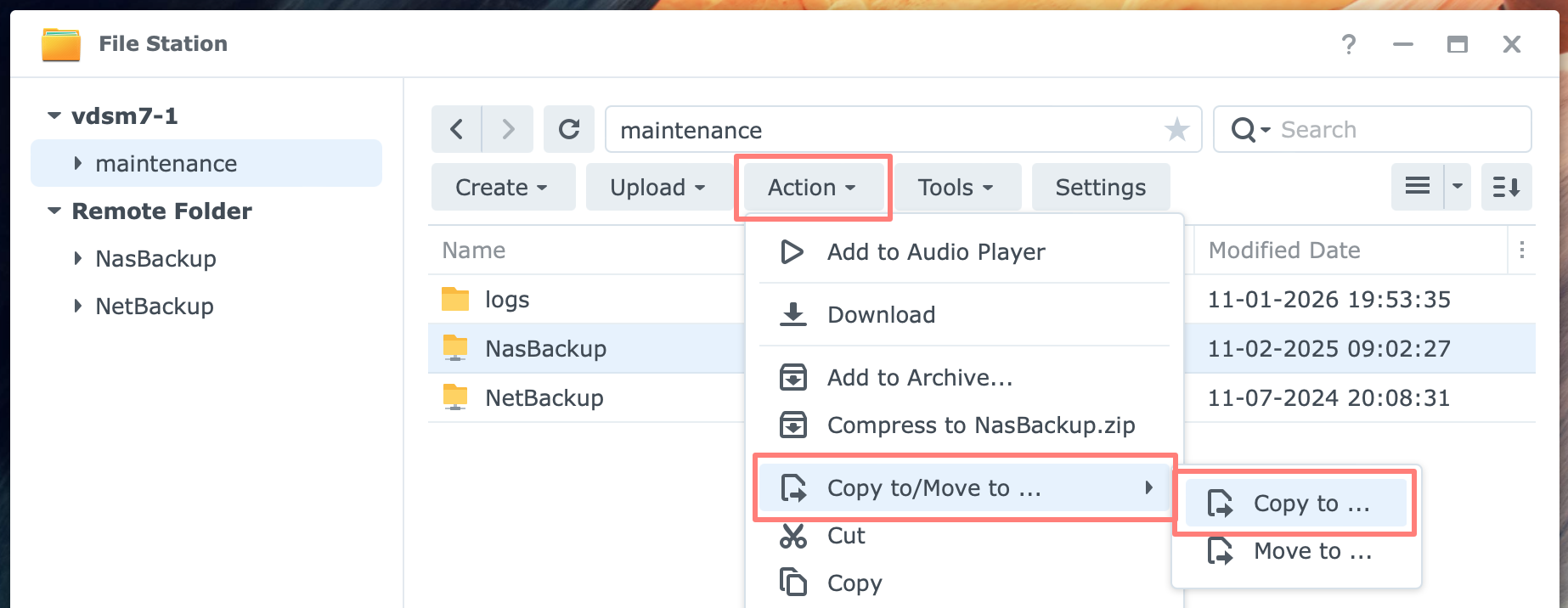synology, file station, copy to, dsm7