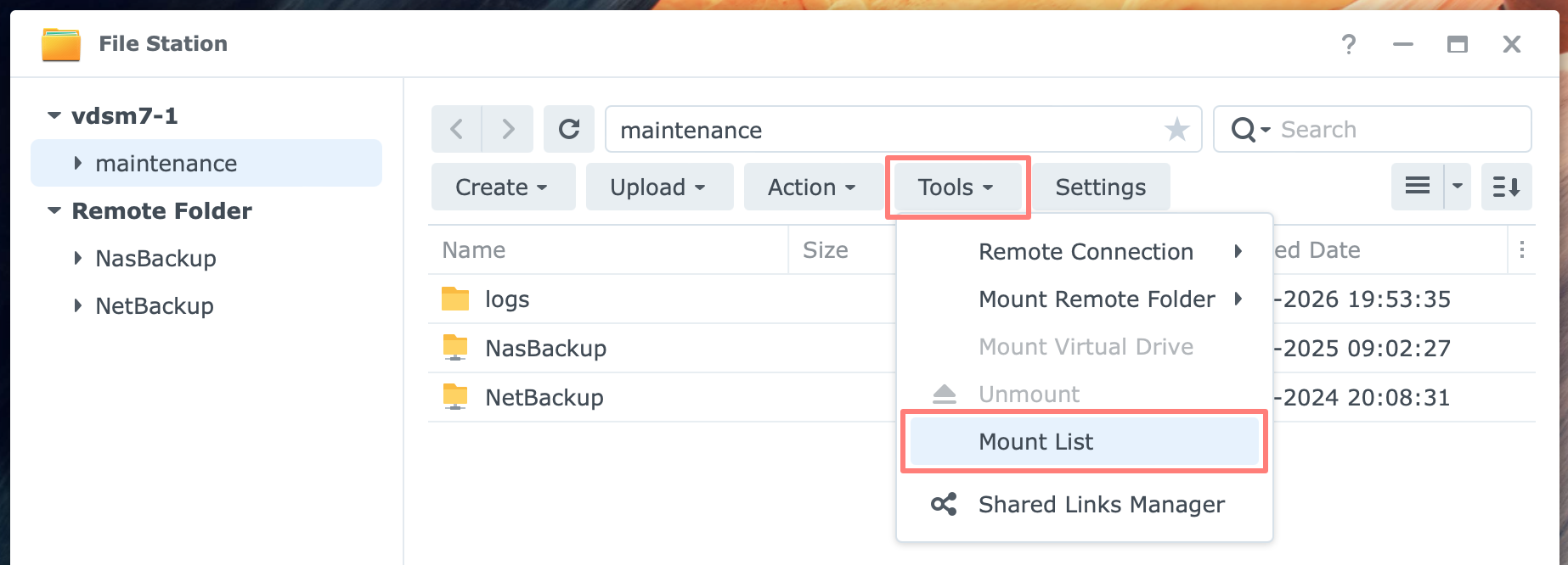 synology, file station, unmount remote folder, dsm7